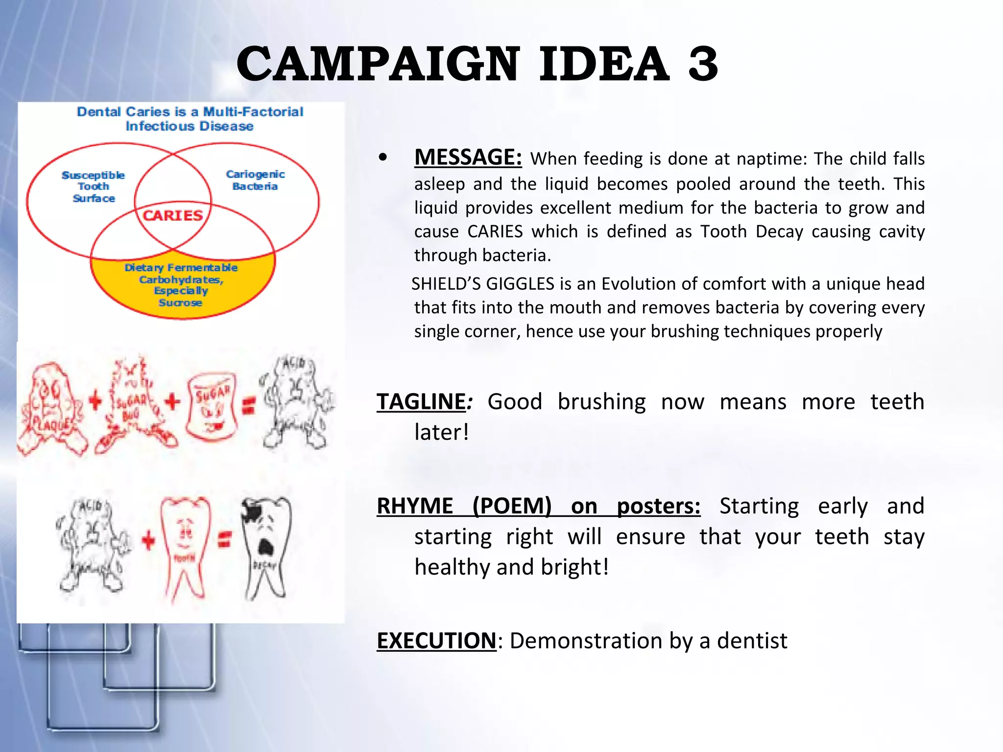 CAMPAIGN IDEA 3 MESSAGE:   When feeding is done at naptime: The child falls asleep and the liquid becomes pooled around the teeth. This liquid provides excellent medium for the bacteria to grow and cause CARIES which is defined as Tooth Decay causing cavity through bacteria. SHIELD’S GIGGLES is an Evolution of comfort with a unique head that fits into the mouth and removes bacteria by covering every single corner, hence use your brushing techniques properly TAGLINE :  Good brushing now means more teeth later!   RHYME (POEM) on posters:   Starting early and starting right will ensure that your teeth stay healthy and bright! EXECUTION : Demonstration by a dentist 