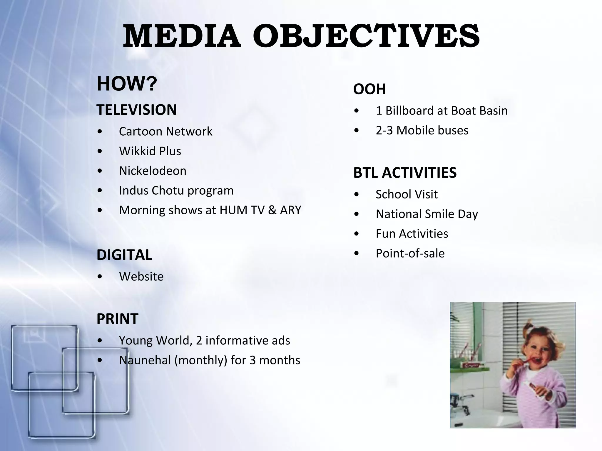 MEDIA OBJECTIVES HOW? TELEVISION Cartoon Network Wikkid Plus Nickelodeon Indus Chotu program Morning shows at HUM TV & ARY DIGITAL  Website PRINT Young World, 2 informative ads  Naunehal (monthly) for 3 months OOH  1 Billboard at Boat Basin 2-3 Mobile buses BTL ACTIVITIES School Visit National Smile Day Fun Activities Point-of-sale 
