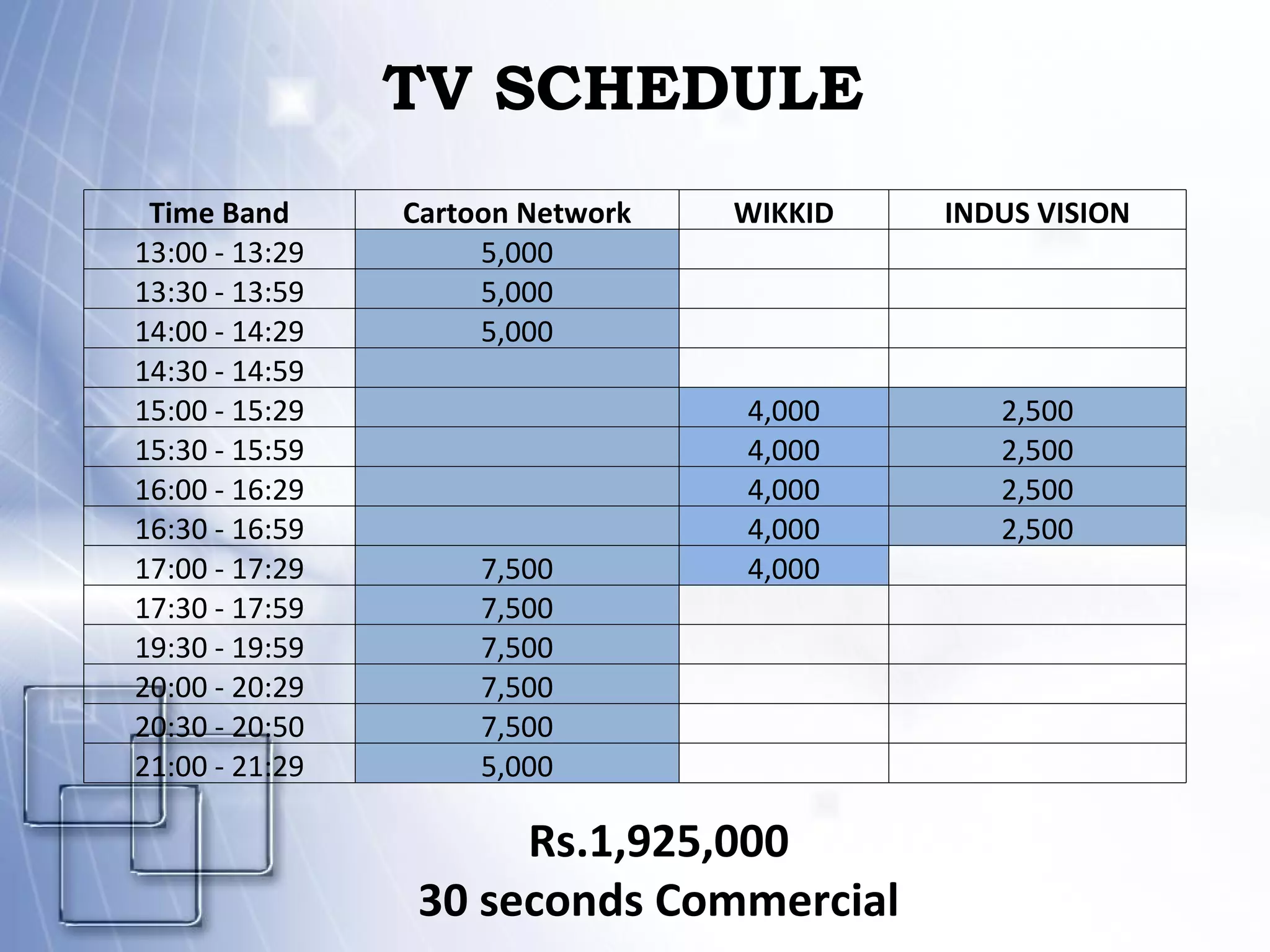 TV SCHEDULE  Time Band Cartoon Network WIKKID INDUS VISION 13:00 - 13:29 5,000     13:30 - 13:59 5,000     14:00 - 14:29 5,000     14:30 - 14:59       15:00 - 15:29   4,000 2,500 15:30 - 15:59   4,000 2,500 16:00 - 16:29   4,000 2,500 16:30 - 16:59   4,000 2,500 17:00 - 17:29 7,500 4,000   17:30 - 17:59 7,500     19:30 - 19:59 7,500     20:00 - 20:29 7,500     20:30 - 20:50 7,500     21:00 - 21:29 5,000     Rs.1,925,000 30 seconds Commercial 