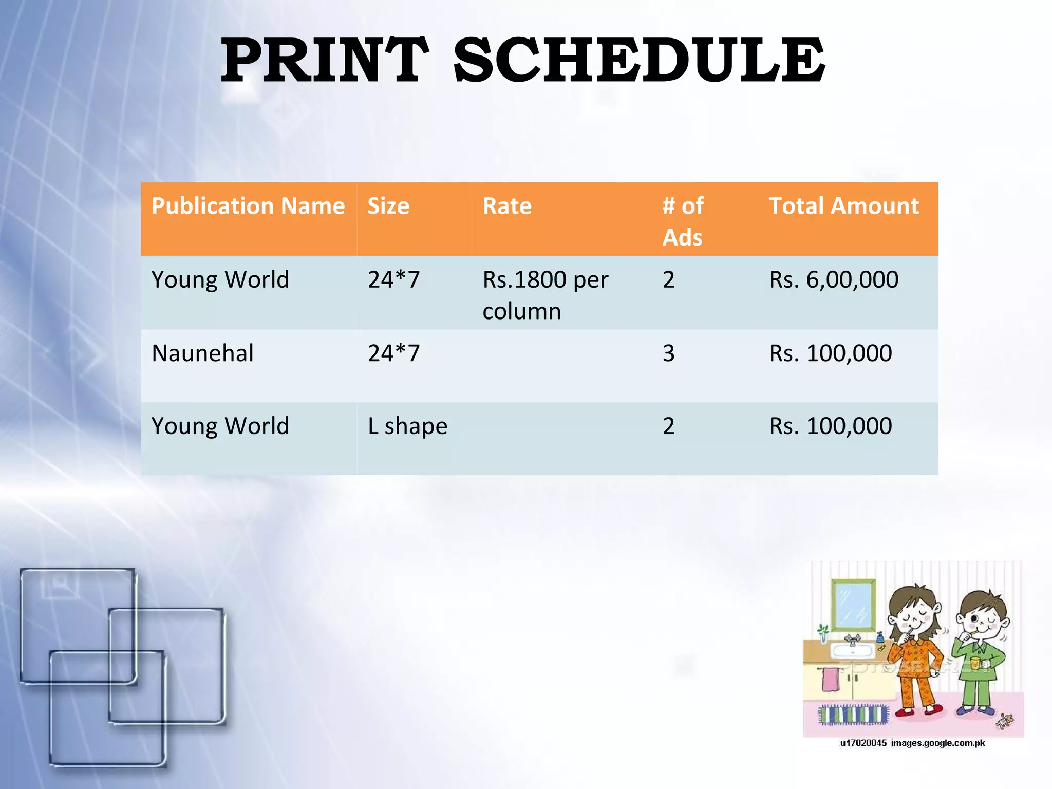 PRINT SCHEDULE   Publication Name Size Rate # of Ads Total Amount Young World 24*7 Rs.1800 per column 2 Rs. 6,00,000 Naunehal 24*7 3 Rs. 100,000 Young World L shape 2 Rs. 100,000 