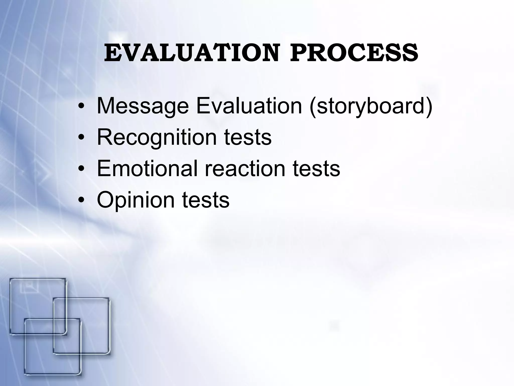 EVALUATION PROCESS Message Evaluation (storyboard) Recognition tests Emotional reaction tests Opinion tests 