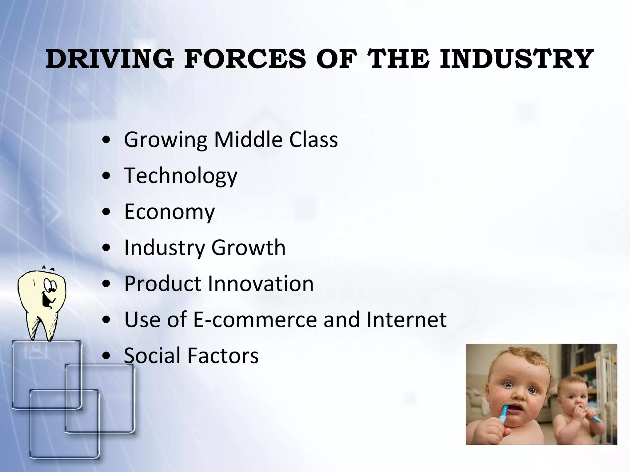 DRIVING FORCES OF THE INDUSTRY Growing Middle Class Technology Economy Industry Growth Product Innovation Use of E-commerce and Internet Social Factors 