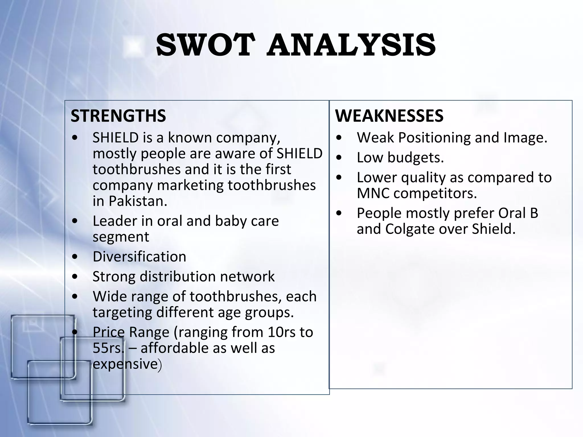 SWOT ANALYSIS  STRENGTHS SHIELD is a known company, mostly people are aware of SHIELD toothbrushes and it is the first company marketing toothbrushes in Pakistan. Leader in oral and baby care segment Diversification Strong distribution network  Wide range of toothbrushes, each targeting different age groups. Price Range (ranging from 10rs to 55rs. – affordable as well as expensive ) WEAKNESSES Weak Positioning and Image. Low budgets. Lower quality as compared to MNC competitors. People mostly prefer Oral B and Colgate over Shield. 