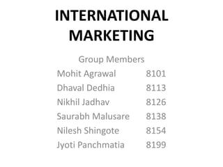 INTERNATIONAL MARKETING Group Members MohitAgrawal 		8101 DhavalDedhia 		8113 Nikhil Jadhav 		8126 SaurabhMalusare	8138 NileshShingote 		8154 JyotiPanchmatia 	8199 