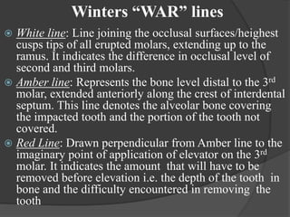 Winters “WAR” lines
 White line: Line joining the occlusal surfaces/heighest
cusps tips of all erupted molars, extending up to the
ramus. It indicates the difference in occlusal level of
second and third molars.
 Amber line: Represents the bone level distal to the 3rd
molar, extended anteriorly along the crest of interdental
septum. This line denotes the alveolar bone covering
the impacted tooth and the portion of the tooth not
covered.
 Red Line: Drawn perpendicular from Amber line to the
imaginary point of application of elevator on the 3rd
molar. It indicates the amount that will have to be
removed before elevation i.e. the depth of the tooth in
bone and the difficulty encountered in removing the
tooth
 