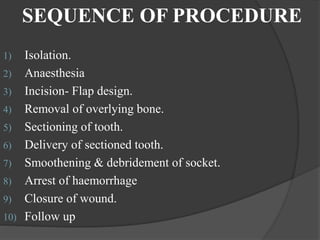 SEQUENCE OF PROCEDURE
1) Isolation.
2) Anaesthesia
3) Incision- Flap design.
4) Removal of overlying bone.
5) Sectioning of tooth.
6) Delivery of sectioned tooth.
7) Smoothening & debridement of socket.
8) Arrest of haemorrhage
9) Closure of wound.
10) Follow up
 