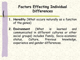 Factors Effecting Individual
Differences
1. Heredity (What occurs naturally as a function
of the genes)
2. Environment (What is learned and
communicated in different cultures or other
social groups) includes Family, Socio-economic
status, Culture, Previous knowledge,
experience and gender differences.
 
