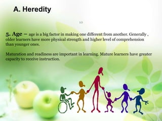 A. Heredity
10
5. Age – age is a big factor in making one different from another. Generally ,
older learners have more physical strength and higher level of comprehension
than younger ones.
Maturation and readiness are important in learning. Mature learners have greater
capacity to receive instruction.
 