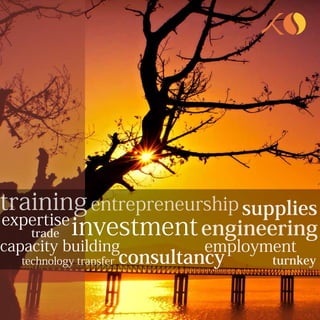 1




training entrepreneurship supplies
expertise
   trade investment engineering
capacity building                employment
   technology transfer   consultancy    turnkey
 