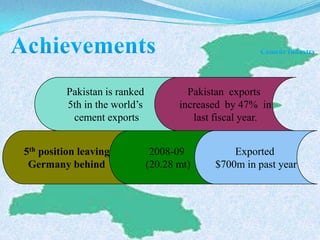 Pakistan is ranked            Pakistan exports
         5th in the world’s          increased by 47% in
          cement exports                last fiscal year.


5th position leaving           2008-09          Exported
 Germany behind               (20.28 mt)    $700m in past year
 