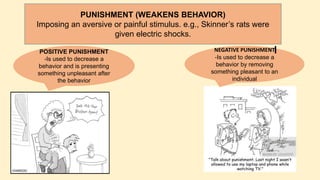 PUNISHMENT (WEAKENS BEHAVIOR)
Imposing an aversive or painful stimulus. e.g., Skinner’s rats were
given electric shocks.
NEGATIVE PUNISHMENT
-Is used to decrease a
behavior by removing
something pleasant to an
individual
POSITIVE PUNISHMENT
-Is used to decrease a
behavior and is presenting
something unpleasant after
the behavior
 
