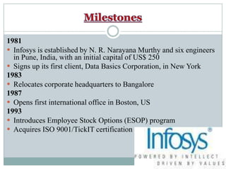 Milestones1981Infosys is established by N. R. Narayana Murthy and six engineers in Pune, India, with an initial capital of US$ 250 Signs up its first client, Data Basics Corporation, in New York 1983Relocates corporate headquarters to Bangalore 1987Opens first international office in Boston, US 1993 Introduces Employee Stock Options (ESOP) program Acquires ISO 9001/TickIT certification  