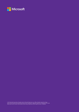 © 2015 Microsoft Corporation. All rights reserved. Microsoft, Bing, Excel, Lync, Office, OneNote, PowerPoint, Skype,
Surface, Word, Windows and the Windows logo are either trademarks or registered trademarks of Microsoft in the United
States and/or other countries. Other product names may be trademarks of their respective owners. 17990/0815
 