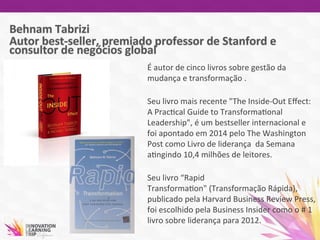 É	
  autor	
  de	
  cinco	
  livros	
  sobre	
  gestão	
  da	
  
mudança	
  e	
  transformação	
  .	
  
	
  
Seu	
  livro	
  mais	
  recente	
  "The	
  Inside-­‐Out	
  Eﬀect:	
  
A	
  Prac7cal	
  Guide	
  to	
  Transforma7onal	
  
Leadership",	
  é	
  um	
  bestseller	
  internacional	
  e	
  
foi	
  apontado	
  em	
  2014	
  pelo	
  The	
  Washington	
  
Post	
  como	
  Livro	
  de	
  liderança	
  	
  da	
  Semana	
  
a7ngindo	
  10,4	
  milhões	
  de	
  leitores.	
  	
  
	
  
Seu	
  livro	
  “Rapid	
  
Transforma7on"	
  (Transformação	
  Rápida),	
  
publicado	
  pela	
  Harvard	
  Business	
  Review	
  Press,	
  
foi	
  escolhido	
  pela	
  Business	
  Insider	
  como	
  o	
  #	
  1	
  
livro	
  sobre	
  liderança	
  para	
  2012.	
  
	
  
 