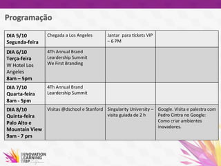 DIA	
  5/10	
  
Segunda-­‐feira	
  
Chegada	
  a	
  Los	
  Angeles	
  	
  
	
  
Jantar	
  	
  para	
  7ckets	
  VIP	
  
–	
  6	
  PM	
  
DIA	
  6/10	
  
Terça-­‐feira	
  
W	
  Hotel	
  Los	
  
Angeles	
  
8am	
  –	
  5pm	
  
4Th	
  Annual	
  Brand	
  
Leardership	
  Summit	
  
We	
  First	
  Branding	
  	
  
	
  
DIA	
  7/10	
  
Quarta-­‐feira	
  
8am	
  -­‐	
  5pm	
  
4Th	
  Annual	
  Brand	
  
Leardership	
  Summit	
  
DIA	
  8/10	
  
Quinta-­‐feira	
  
Palo	
  Alto	
  e	
  
Mountain	
  View	
  
9am	
  -­‐	
  7	
  pm	
  	
  
Visitas	
  @dschool	
  e	
  Stanford	
  	
  
	
  
Singularity	
  University	
  –	
  
visita	
  guiada	
  de	
  2	
  h	
  	
  
Google.	
  Visita	
  e	
  palestra	
  com	
  
Pedro	
  Cintra	
  no	
  Google:	
  
Como	
  criar	
  ambientes	
  
inovadores.	
  
	
  
 