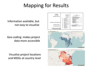 Mapping for Results

Information available, but
      not easy to visualize



Geo-coding: makes project
     data more accessible



 Visualize project locations
and MDGs at country level
 