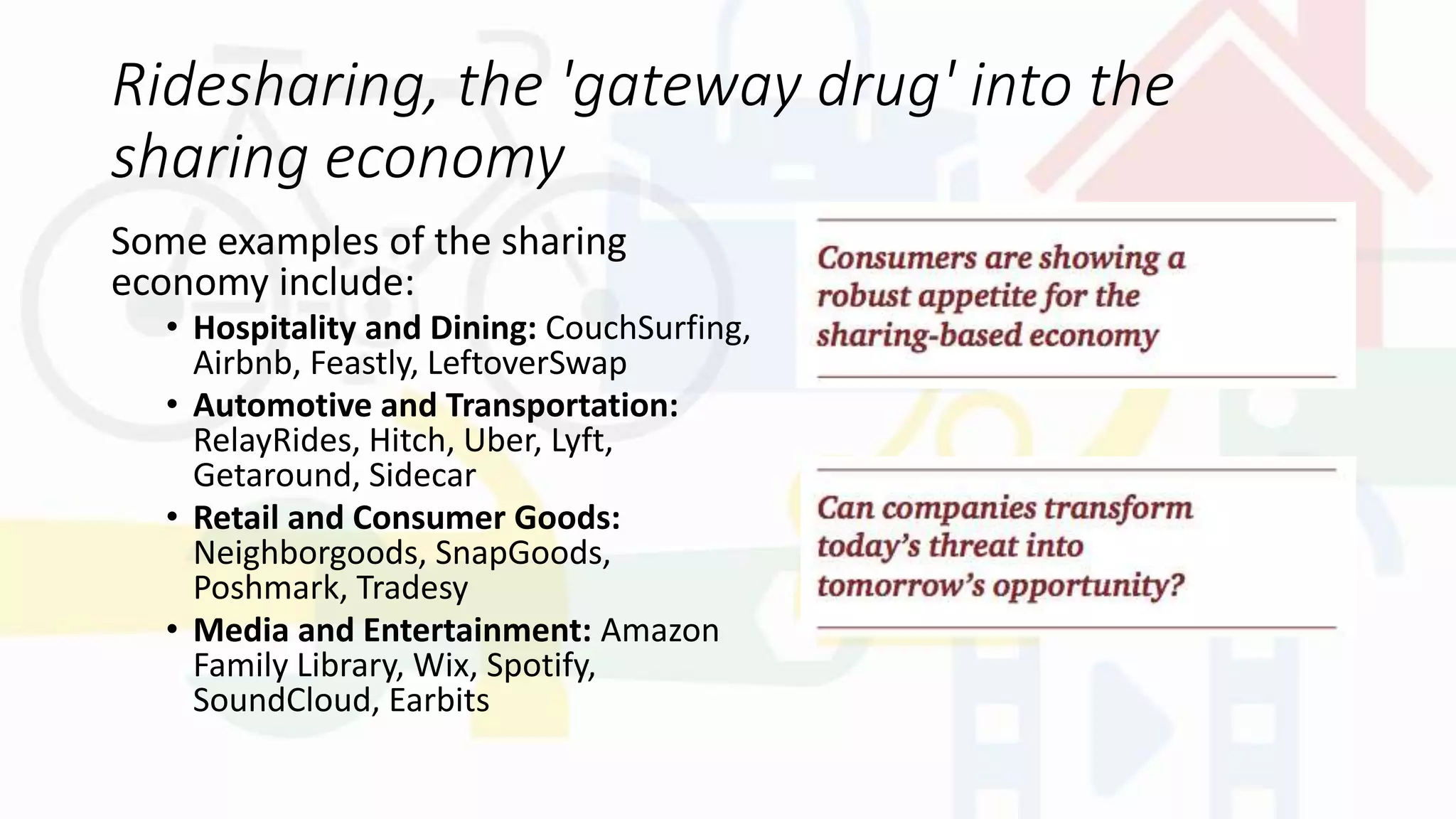 Ridesharing, the 'gateway drug' into the
sharing economy
Some examples of the sharing
economy include:
• Hospitality and Dining: CouchSurfing,
Airbnb, Feastly, LeftoverSwap
• Automotive and Transportation:
RelayRides, Hitch, Uber, Lyft,
Getaround, Sidecar
• Retail and Consumer Goods:
Neighborgoods, SnapGoods,
Poshmark, Tradesy
• Media and Entertainment: Amazon
Family Library, Wix, Spotify,
SoundCloud, Earbits
 
