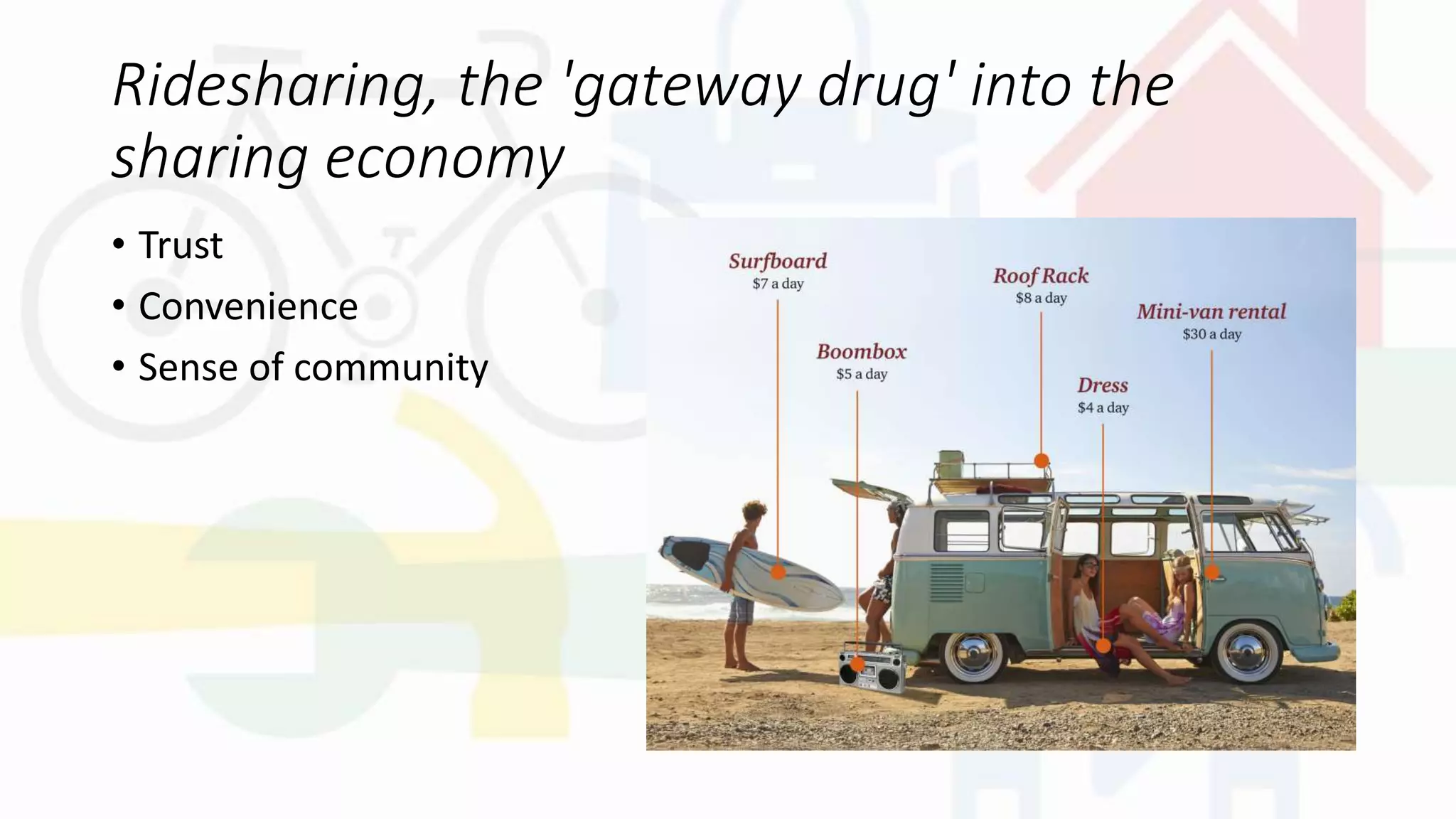 Ridesharing, the 'gateway drug' into the
sharing economy
• Trust
• Convenience
• Sense of community
 