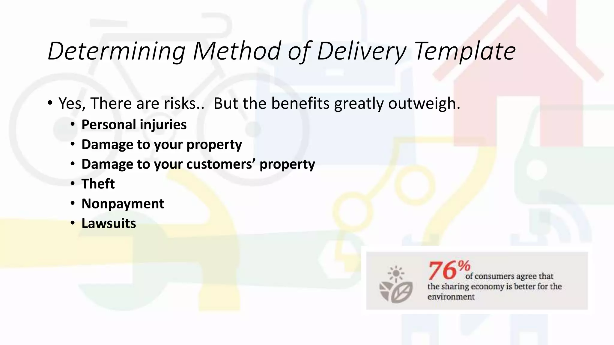 Determining Method of Delivery Template
• Yes, There are risks.. But the benefits greatly outweigh.
• Personal injuries
• Damage to your property
• Damage to your customers’ property
• Theft
• Nonpayment
• Lawsuits
 