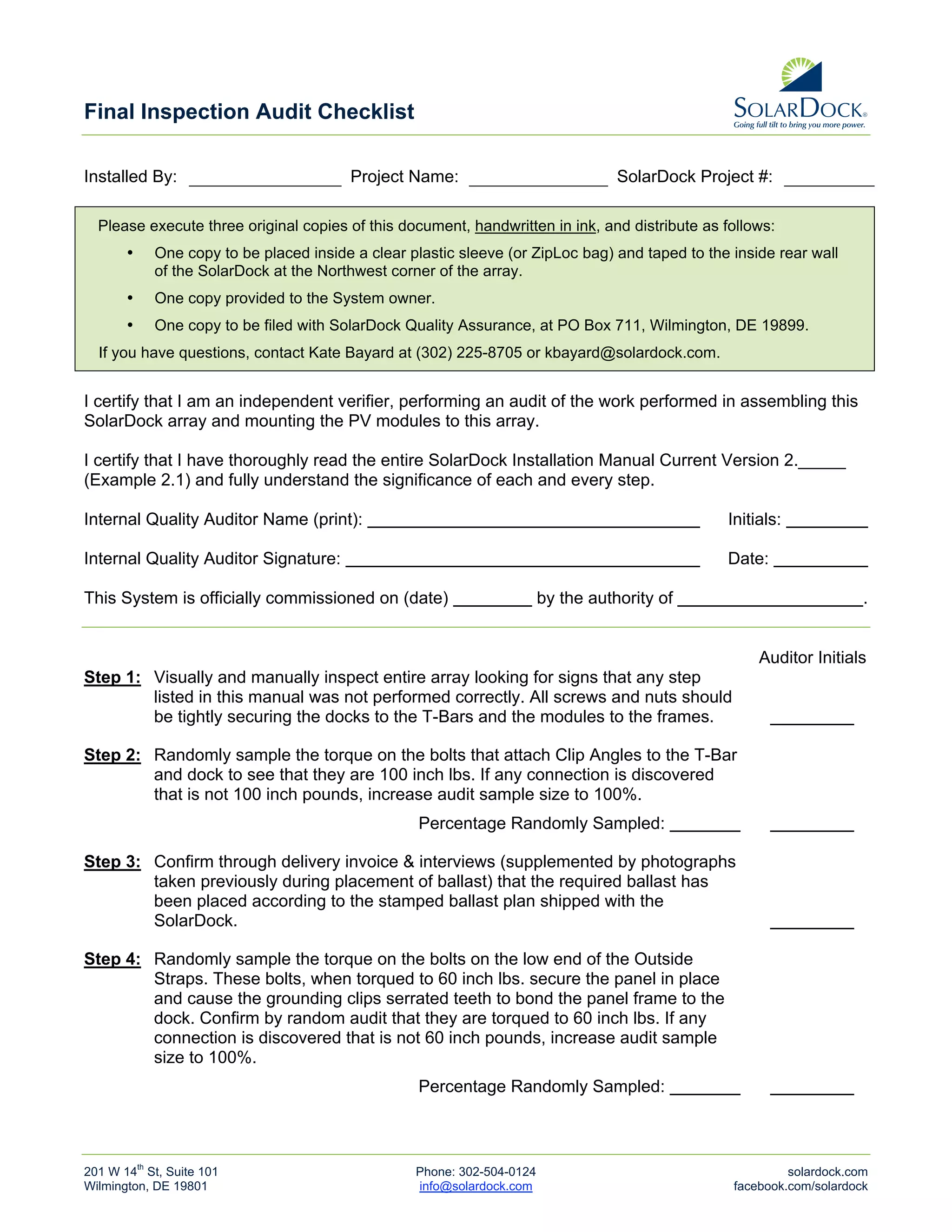 Visual Inspection Audit Checklist SolarDock Final Inspection Audit Checklist | PDF | Resume Writing and ...
