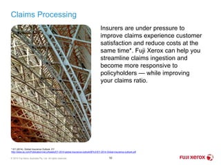 10
* EY (2014). Global Insurance Outlook. EY
http://www.ey.com/Publication/vwLUAssets/EY-2014-global-insurance-outlook/$FILE/EY-2014-Global-insurance-outlook.pdf
Insurers are under pressure to
improve claims experience customer
satisfaction and reduce costs at the
same time*. Fuji Xerox can help you
streamline claims ingestion and
become more responsive to
policyholders — while improving
your claims ratio.
© 2014 Fuji Xerox Australia Pty. Ltd. All rights reserved.
Claims Processing
 
