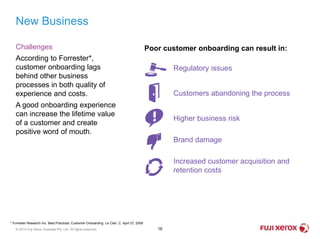 16
* Forrester Research Inc. Best Practices: Customer Onboarding. Le Clair, C. April 27, 2009
© 2014 Fuji Xerox Australia Pty. Ltd. All rights reserved.
New Business
Challenges
According to Forrester*,
customer onboarding lags
behind other business
processes in both quality of
experience and costs.
A good onboarding experience
can increase the lifetime value
of a customer and create
positive word of mouth.
Poor customer onboarding can result in:
Regulatory issues
Customers abandoning the process
Higher business risk
Brand damage
Increased customer acquisition and
retention costs
 
