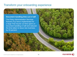 Transform your onboarding experience
19© 2014 Fuji Xerox Australia Pty. Ltd. All rights reserved.
Document handling time cut in half
The Policy Administration Services
Solution Fuji Xerox implemented for
a large Thai insurer cut time spent on
document handling in half and reduced
the time taken to issue new business
by 33 percent.
 