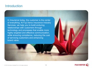 Introduction
3© 2014 Fuji Xerox Australia Pty. Ltd. All rights reserved.
In Insurance today, the customer is the center
of everything. At Fuji Xerox Insurance Industry
Services, we help you to build enduring
relationships with customers through
technology and processes that enable more
highly targeted and effective communication,
while ensuring compliance, reducing the cost
of servicing customers and enhancing
brand value.
 