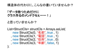 構造体の代わりに、こんなの書いていませんか？
「データ持つためだけに
クラス作るのメンドクセぇーー！」
と思っていませんか？
List<StructCls> structCls = Arrays.asList(
new StructCls(0, “名前”, true , 1)
, new StructCls(1, “電話”, true , 1)
, new StructCls(2, “住所”, true , 0)
, new StructCls(3, “年齢”, false, 1)
);
 