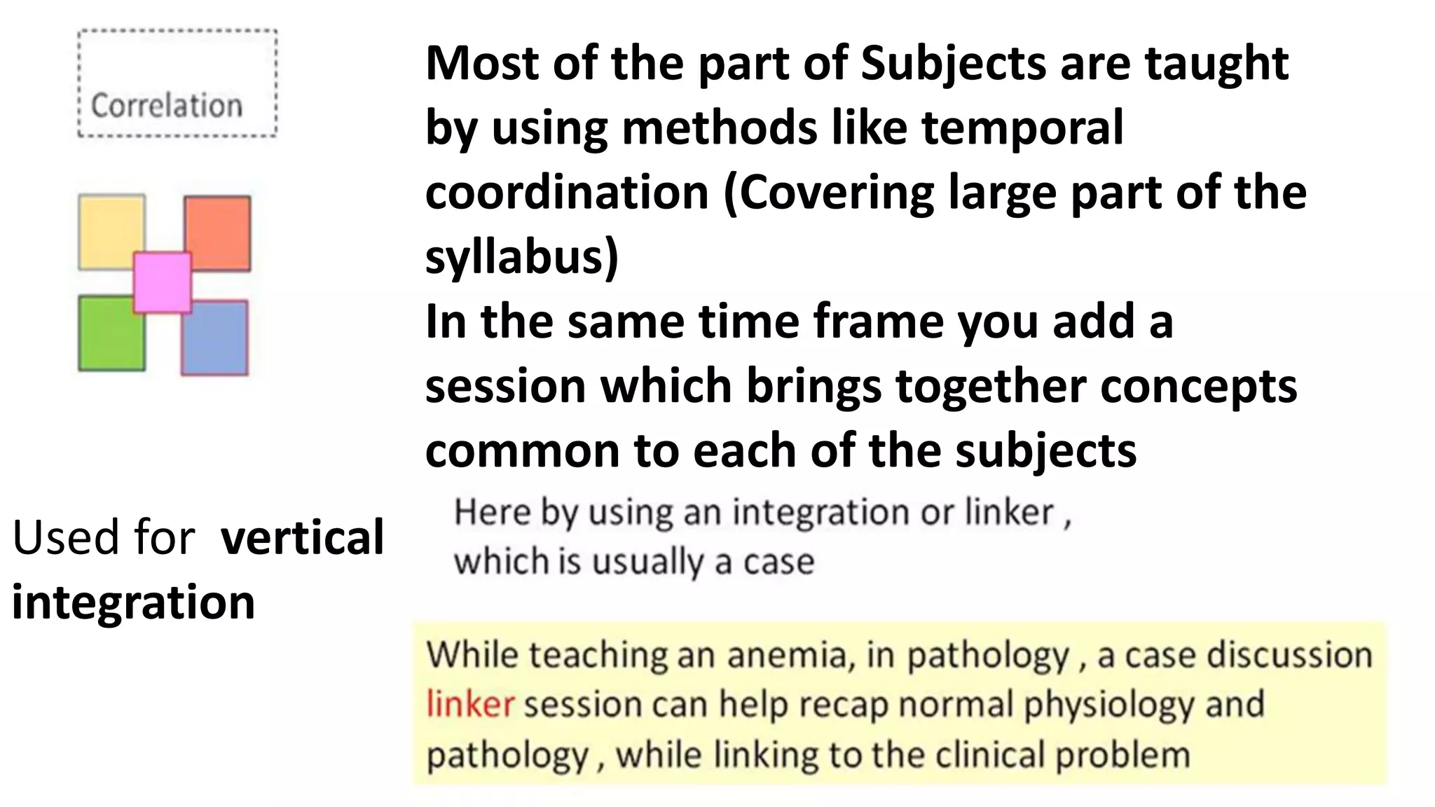 Used for vertical
integration
Most of the part of Subjects are taught
by using methods like temporal
coordination (Covering large part of the
syllabus)
In the same time frame you add a
session which brings together concepts
common to each of the subjects
 