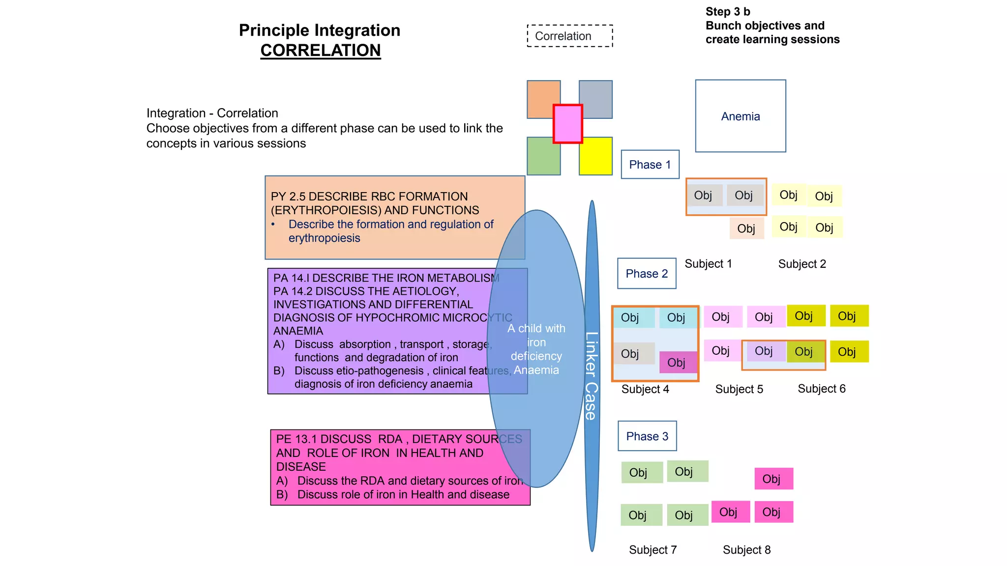 Step 3 b
Bunch objectives and
create learning sessions
Subject 1 Subject 2
Obj
Anemia
Phase 1
Obj Obj
Obj Obj
Obj Obj
Obj Obj
Obj
Obj
Obj Obj
Obj Obj
Phase 2
Obj Obj
Obj Obj
Subject 4 Subject 5 Subject 6
Obj
Obj Obj
Phase 3
Obj
Obj
Obj Obj
Subject 7 Subject 8
Integration - Correlation
Choose objectives from a different phase can be used to link the
concepts in various sessions
Correlation
LinkerCase
PA 14.I DESCRIBE THE IRON METABOLISM
PA 14.2 DISCUSS THE AETIOLOGY,
INVESTIGATIONS AND DIFFERENTIAL
DIAGNOSIS OF HYPOCHROMIC MICROCYTIC
ANAEMIA
A) Discuss absorption , transport , storage,
functions and degradation of iron
B) Discuss etio-pathogenesis , clinical features,
diagnosis of iron deficiency anaemia
PY 2.5 DESCRIBE RBC FORMATION
(ERYTHROPOIESIS) AND FUNCTIONS
• Describe the formation and regulation of
erythropoiesis
PE 13.1 DISCUSS RDA , DIETARY SOURCES
AND ROLE OF IRON IN HEALTH AND
DISEASE
A) Discuss the RDA and dietary sources of iron
B) Discuss role of iron in Health and disease
A child with
iron
deficiency
Anaemia
Principle Integration
CORRELATION
 