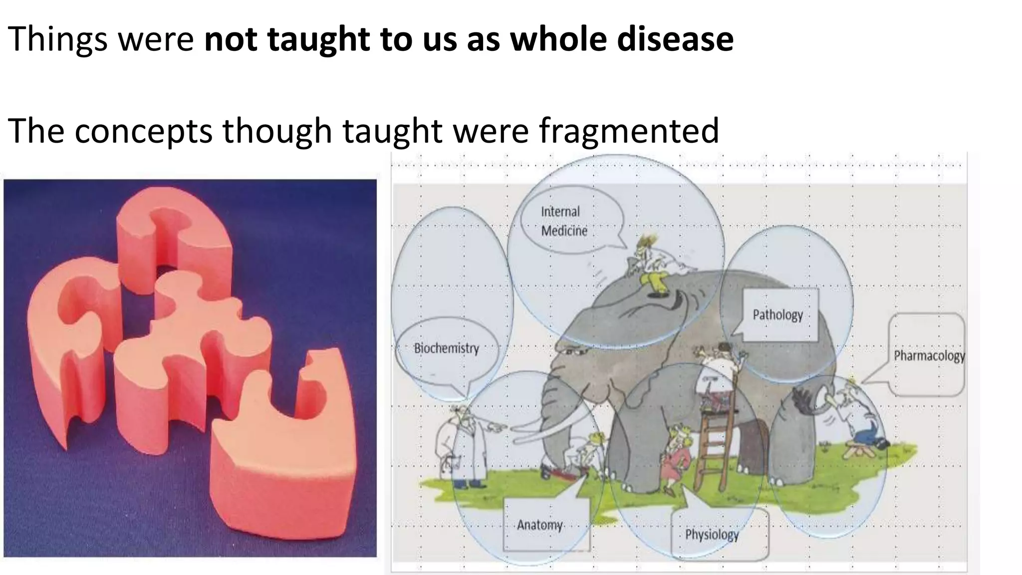 Things were not taught to us as whole disease
The concepts though taught were fragmented
 