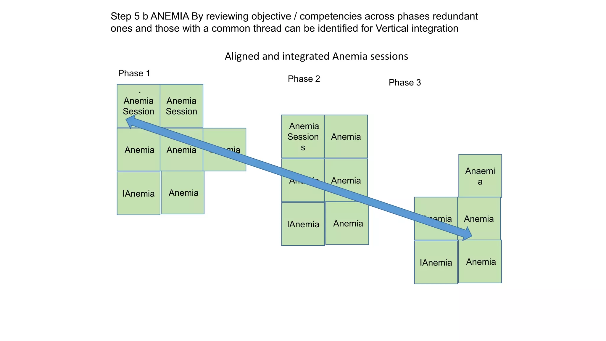 .
Anemia
Session
s
Anemia
Session
Anemia Anemia Anemia
IAnemia Anemia
Step 5 b ANEMIA By reviewing objective / competencies across phases redundant
ones and those with a common thread can be identified for Vertical integration
Aligned and integrated Anemia sessions
Anemia
Session
s
Anemia
Anemia Anemia
IAnemia Anemia
Anaemi
a
Anemia Anemia
IAnemia Anemia
Phase 1
Phase 2 Phase 3
 