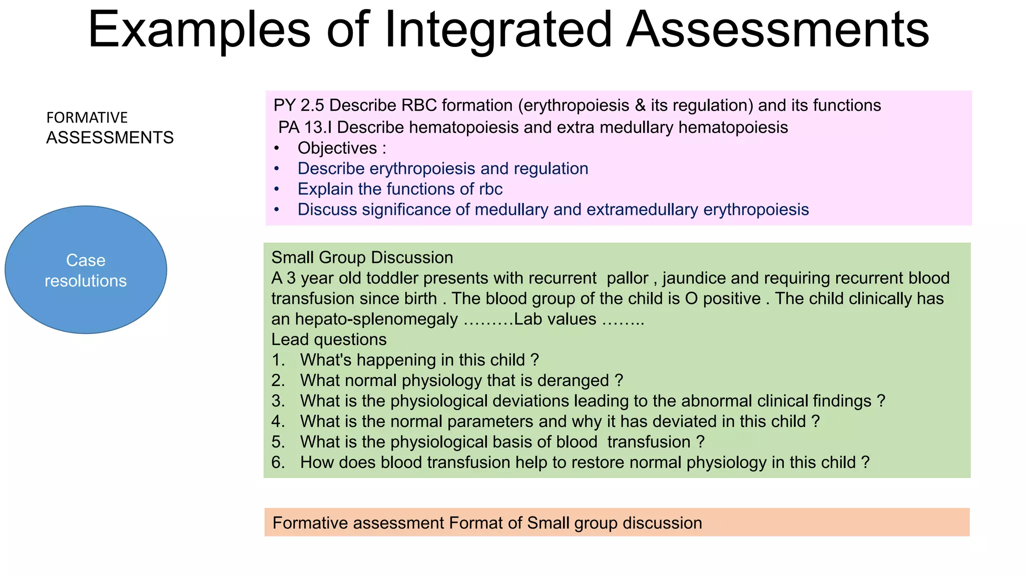 Case
resolutions
FORMATIVE
ASSESSMENTS
Small Group Discussion
A 3 year old toddler presents with recurrent pallor , jaundice and requiring recurrent blood
transfusion since birth . The blood group of the child is O positive . The child clinically has
an hepato-splenomegaly ………Lab values ……..
Lead questions
1. What's happening in this child ?
2. What normal physiology that is deranged ?
3. What is the physiological deviations leading to the abnormal clinical findings ?
4. What is the normal parameters and why it has deviated in this child ?
5. What is the physiological basis of blood transfusion ?
6. How does blood transfusion help to restore normal physiology in this child ?
PY 2.5 Describe RBC formation (erythropoiesis & its regulation) and its functions
PA 13.I Describe hematopoiesis and extra medullary hematopoiesis
• Objectives :
• Describe erythropoiesis and regulation
• Explain the functions of rbc
• Discuss significance of medullary and extramedullary erythropoiesis
Formative assessment Format of Small group discussion
Examples of Integrated Assessments
 