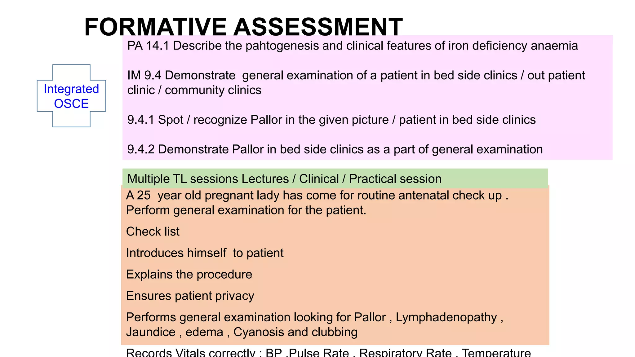 A 25 year old pregnant lady has come for routine antenatal check up .
Perform general examination for the patient.
Check list
Introduces himself to patient
Explains the procedure
Ensures patient privacy
Performs general examination looking for Pallor , Lymphadenopathy ,
Jaundice , edema , Cyanosis and clubbing
Integrated
OSCE
PA 14.1 Describe the pahtogenesis and clinical features of iron deficiency anaemia
IM 9.4 Demonstrate general examination of a patient in bed side clinics / out patient
clinic / community clinics
9.4.1 Spot / recognize Pallor in the given picture / patient in bed side clinics
9.4.2 Demonstrate Pallor in bed side clinics as a part of general examination
Multiple TL sessions Lectures / Clinical / Practical session
FORMATIVE ASSESSMENT
 