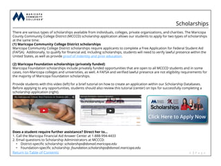 Return to Table of Contents
Scholarships
There are various types of scholarships available from individuals, colleges, private organizations, and charities. The Maricopa
County Community College District (MCCCD) scholarship application allows our students to apply for two types of scholarships
at the same time:
(1) Maricopa Community College District scholarships
Maricopa Community College District scholarships require applicants to complete a Free Application for Federal Student Aid
(FAFSA). Additionally, to qualify for financial aid, including scholarships, students will need to verify lawful presence within the
United States, as well as provide proof of indentity and prior education.
(2) Maricopa Foundation scholarships (privately funded)
Maricopa Foundation scholarships include privately funded opportunities that are open to all MCCCD students and in some
cases, non-Maricopa colleges and universities, as well. A FAFSA and verified lawful presence are not eligibility requirements for
the majority of Maricopa Foundation scholarships.
Provide students with this video (left) for a brief tutorial on how to create an application within our Scholarship Databases.
Before applying to any opportunities, students should also review this tutorial (center) on tips for successfully completing a
scholarship application (right).
Does a student require further assistance? Direct her to...
1. Call the Maricopa Financial Aid Answer Center at 1-888-994-4433
2. Email questions to Scholarship Administrators at MCCCD:
• District-specific scholarship: scholarships@domail.maricopa.edu
• Foundation-specific scholarship: foundation.scholarships@domail.maricopa.edu
 