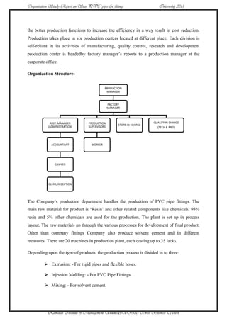 Organisation Study Report on Star PVC pipes & fittings                     Internship 2011




the better production functions to increase the efficiency in a way result in cost reduction.
Production takes place in six production centers located at different place. Each division is
self-reliant in its activities of manufacturing, quality control, research and development
production center is headedby factory manager‟s reports to a production manager at the
corporate office.

Organization Structure:


                                             PRODUCTION
                                              MANAGER



                                                FACTORY
                                                MANAGER



            ASST. MANAGER         PRODUCTION                            QUALITY IN CHARGE
                                                      STORE IN CHARGE
           (ADMINISTRATION)       SUPERVISORS                             (TECH & R&D)




             ACCOUNTANT             WORKER




               CASHIER




           CLERK, RECEPTION




The Company‟s production department handles the production of PVC pipe fittings. The
main raw material for product is „Resin‟ and other related components like chemicals. 95%
resin and 5% other chemicals are used for the production. The plant is set up in process
layout. The raw materials go through the various processes for development of final product.
Other than company fittings Company also produce solvent cement and in different
measures. There are 20 machines in production plant, each costing up to 35 lacks.

Depending upon the type of products, the production process is divided in to three:

          Extrusion: - For rigid pipes and flexible hoses.

          Injection Molding: - For PVC Pipe Fittings.

          Mixing: - For solvent cement.




           Ramaiah Institute of Management Studies29SBS Swiss Business School
 