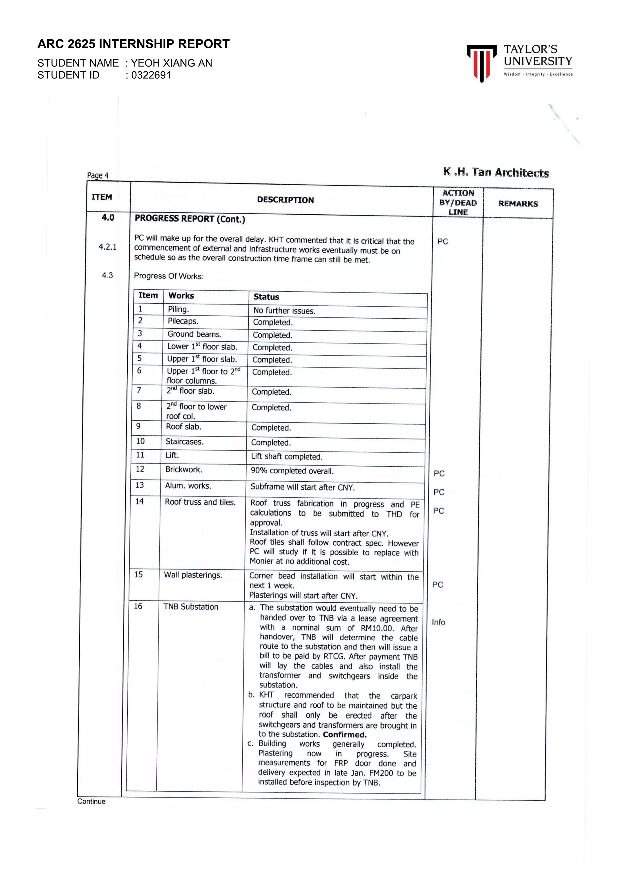 ARC 2625 INTERNSHIP REPORT
STUDENT NAME : YEOH XIANG AN
STUDENT ID : 0322691
61 | P a g e
 