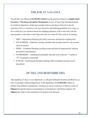 24
THE JOB AT A GLANCE
The job that I was offered at FLIPKART (eKart) was the position of Intern as a Supply Chain
Executive in Warehouse &Logistics Management. It was a 45 days long internship program.
In warehouse department, all the team members had to work almost whole the week and
sometimes 24/7 as e-commerce is the most interactive and challenging platform now-a-days, in
this we had serve our customers hassle free shopping experience with in time limit. Like the
team members, I also had to work 6 days and a day was week-off. They work on 5S strategy
1. SORT - Organization (Keeping only what is necessary and discard everything else)
2. SET IN ORDER – Orderliness (arrange and label only necessary items for easy use and
return by anyone)
3. SHINE – Cleanliness [keeping everything swept and clean for inspection (for safety &
preventative maintenance)]
4. STANDARDIZE – Standardized cleanup(the state that exists when the 1st
3-pillars or
“S’s” are properly maintained)
5. SUSTAIN – Sustaining the discipline (making a habit of properly maintain correct
procedures)
DUTIES AND RESPOSIBILTIES
After spending 2-2 days in every department i.e. Inbound, Outbound, Inventory and Returns, my
OJT was decided in Inbound Department. In this department, the FLIPKART obtains its
products from different manufacturers’ and these are sent to warehouses or delivery centers of
Flipkart through the logistics of manufacturer of manufacturer’s distribution channel. The
Flipkart puts order for the manufacturer for product to be delivered.
 