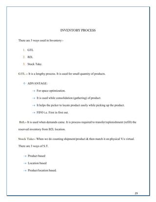 29
INVENTORY PROCESS
There are 3 ways used in Inventory:-
1. GTL
2. B2L
3. Stock Take.
GTL :- It is a lengthy process. It is used for small quantity of products.
 ADVANTAGE:
 For space optimization.
 It is used while consolidation (gathering) of product.
 It helps the picker to locate product easily while picking up the product.
 FIFO i.e. First in first out.
B2L:- It is used when demands came. It is process required to transfer/replenishment (refill) the
reserved inventory from B2L location.
Stock Take:- When we do counting shipment/product & then match it on physical V/s virtual.
There are 3 ways of S.T.
 Product based
 Location based
 Product/location based.
 