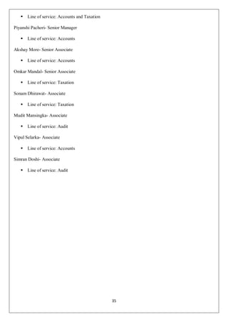 35
 Line of service: Accounts and Taxation
Piyanshi Pachori- Senior Manager
 Line of service: Accounts
Akshay More- Senior Associate
 Line of service: Accounts
Omkar Mandal- Senior Associate
 Line of service: Taxation
Sonam Dhirawat- Associate
 Line of service: Taxation
Mudit Mansingka- Associate
 Line of service: Audit
Vipul Selarka- Associate
 Line of service: Accounts
Simran Doshi- Associate
 Line of service: Audit
 