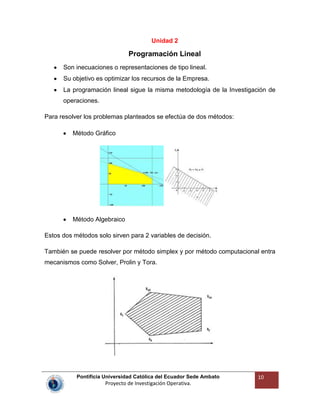 Pontificia Universidad Católica del Ecuador Sede Ambato
Proyecto de Investigación Operativa.
10
Unidad 2
Programación Lineal
Son inecuaciones o representaciones de tipo lineal.
Su objetivo es optimizar los recursos de la Empresa.
La programación lineal sigue la misma metodología de la Investigación de
operaciones.
Para resolver los problemas planteados se efectúa de dos métodos:
Método Gráfico
Método Algebraico
Estos dos métodos solo sirven para 2 variables de decisión.
También se puede resolver por método simplex y por método computacional entra
mecanismos como Solver, Prolin y Tora.
 