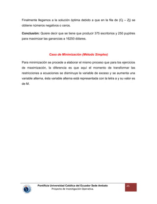 Pontificia Universidad Católica del Ecuador Sede Ambato
Proyecto de Investigación Operativa.
25
Finalmente llegamos a la solución óptima debido a que en la fila de (Cj – Zj) se
obtiene números negativos o ceros.
Conclusión: Quiere decir que se tiene que producir 375 escritorios y 250 pupitres
para maximizar las ganancias a 16250 dólares.
Caso de Minimización (Método Simplex)
Para minimización se procede a elaborar el mismo proceso que para los ejercicios
de maximización, la diferencia es que aquí el momento de transformar las
restricciones a ecuaciones se disminuye la variable de exceso y se aumenta una
variable alterna, ésta variable alterna está representada con la letra a y su valor es
de M.
 