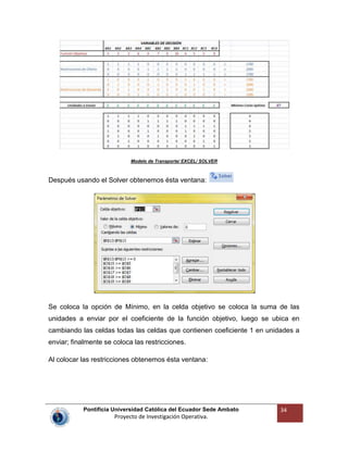 Pontificia Universidad Católica del Ecuador Sede Ambato
Proyecto de Investigación Operativa.
34
Modelo de Transporte/ EXCEL/ SOLVER
Después usando el Solver obtenemos ésta ventana:
Se coloca la opción de Mínimo, en la celda objetivo se coloca la suma de las
unidades a enviar por el coeficiente de la función objetivo, luego se ubica en
cambiando las celdas todas las celdas que contienen coeficiente 1 en unidades a
enviar; finalmente se coloca las restricciones.
Al colocar las restricciones obtenemos ésta ventana:
 