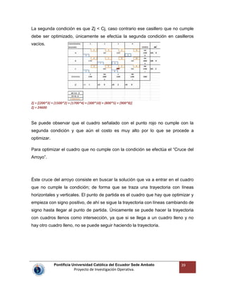 Pontificia Universidad Católica del Ecuador Sede Ambato
Proyecto de Investigación Operativa.
39
La segunda condición es que Zj < Cj, caso contrario ese casillero que no cumple
debe ser optimizado, únicamente se efectúa la segunda condición en casilleros
vacíos.
Zj = [(200*3) + (1500*2) + (1700*4) + (300*10) + (800*5) + (900*8)]
Zj = 24600
Se puede observar que el cuadro señalado con el punto rojo no cumple con la
segunda condición y que aún el costo es muy alto por lo que se procede a
optimizar.
Para optimizar el cuadro que no cumple con la condición se efectúa el “Cruce del
Arroyo”.
Éste cruce del arroyo consiste en buscar la solución que va a entrar en el cuadro
que no cumple la condición; de forma que se traza una trayectoria con líneas
horizontales y verticales. El punto de partida es el cuadro que hay que optimizar y
empieza con signo positivo, de ahí se sigue la trayectoria con líneas cambiando de
signo hasta llegar al punto de partida. Únicamente se puede hacer la trayectoria
con cuadros llenos como intersección, ya que si se llega a un cuadro lleno y no
hay otro cuadro lleno, no se puede seguir haciendo la trayectoria.
 