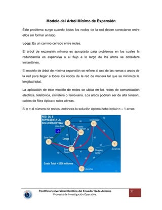 Pontificia Universidad Católica del Ecuador Sede Ambato
Proyecto de Investigación Operativa.
51
Modelo del Árbol Mínimo de Expansión
Éste problema surge cuando todos los nodos de la red deben conectarse entre
ellos sin formar un loop.
Loop: Es un camino cerrado entre redes.
El árbol de expansión mínima es apropiado para problemas en los cuales la
redundancia es expansiva o el flujo a lo largo de los arcos se considera
instantáneo.
El modelo de árbol de mínima expansión se refiere al uso de las ramas o arcos de
la red para llegar a todos los nodos de la red de manera tal que se minimiza la
longitud total.
La aplicación de éste modelo de redes se ubica en las redes de comunicación
eléctrica, telefónica, carretera o ferroviaria. Los arcos podrían ser de alta tensión,
cables de fibra óptica o rutas aéreas.
Si n = al número de nodos, entonces la solución óptima debe incluir n – 1 arcos
 