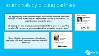 “By aggregating data from the largest professional network and other
  relevant sources, MIMIR has the potential to become a “must-have” for
                        organizations across the globe.
                                        
                                                                               for Productive Collaboration
   Its ease of use and intuitive features makes it for a great tool, and I’m
  convinced it can have a meaningful positive impact on our workforce.” 




  “Great, finally I have my connections in one
overview, efficiently mapped and matched with
                    my needs”
 