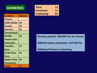 GINNERIES Total 13 Functional 11 In planning 01 Ginning capacity  200,000 Ton per annum 2009/10 cotton production  227730 Ton Additional Ginnery in planning  Location Number  Private Addis Ababa  04  Gonder  02  Humera  01  Government  Middle Awash state enterprise  01  Tendaho farm  01  South Omo farm  01  Abobo State Enterprises  01  Total  11 