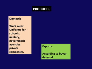 PRODUCTS Domestic Work wear Uniforms for  schools,  military,  government agencies  private companies. Exports According to buyer demand  