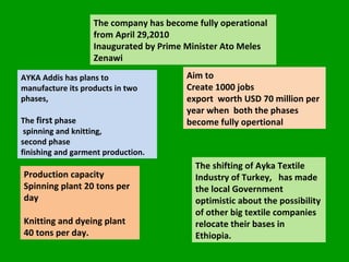 The company has become fully operational from April 29,2010 Inaugurated by Prime Minister Ato Meles Zenawi AYKA Addis has plans to manufacture its products in two  phases,  The  first  phase  spinning and knitting,  second phase  finishing and garment production. Production capacity Spinning plant 20 tons per day Knitting and dyeing plant 40 tons per day. The shifting of Ayka Textile Industry of Turkey,  has made the local Government optimistic about the possibility of other big textile companies relocate their bases in Ethiopia. Aim to  Create 1000 jobs export  worth USD 70 million per year when  both the phases become fully opertional 